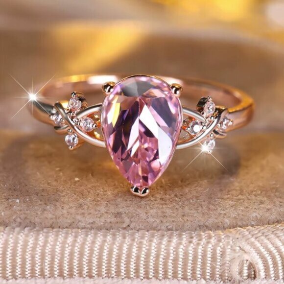 Jewelry - NEW 14k Rose Gold Pink Sapphire Pear Cut Diamond Ring Tear Drop Ring
